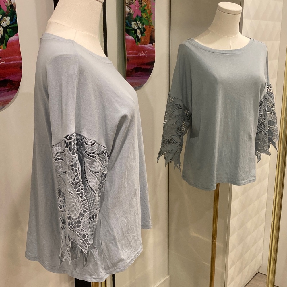 Light Blue Womens Lace-Sleeve 100% Cotton 3/4 Length sleeve Top